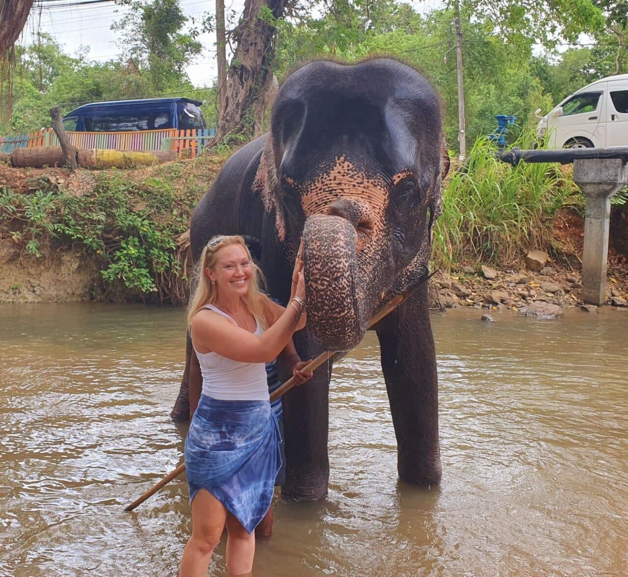 Guest beside an elephant in the river